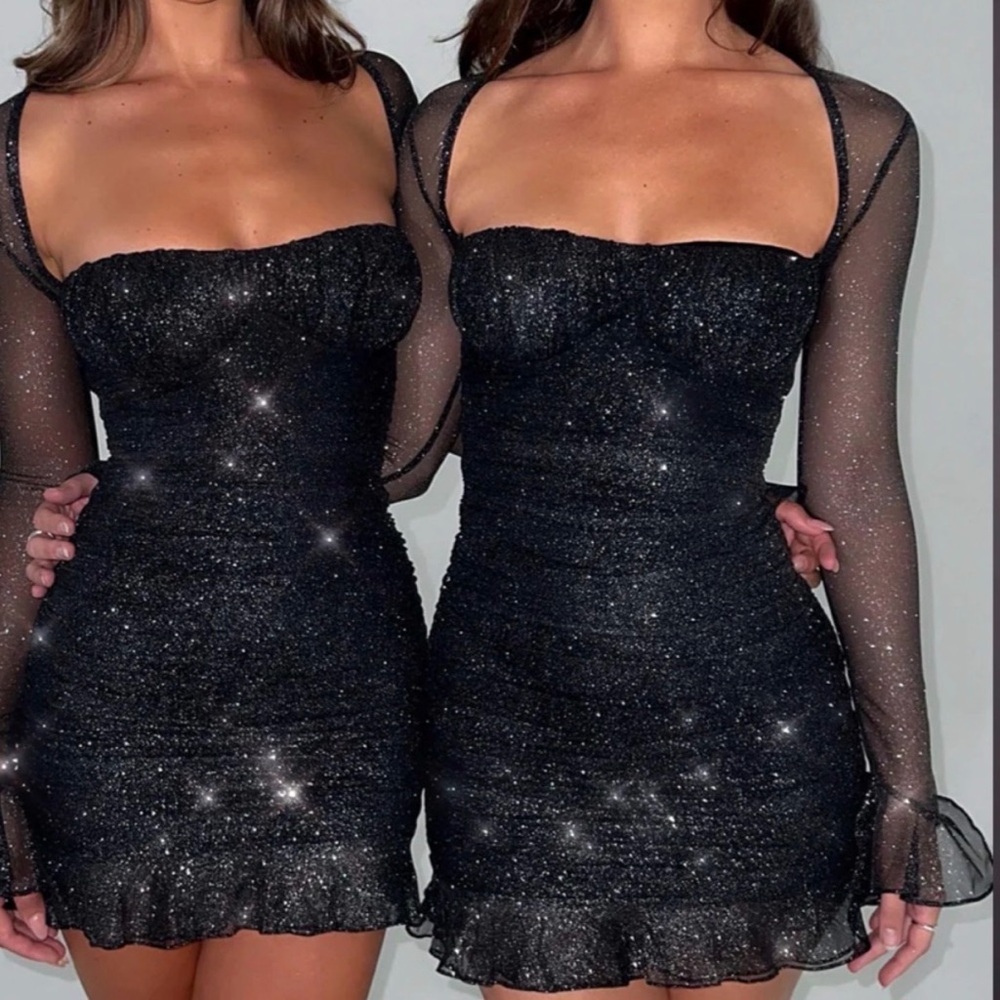 Sparkle Mesh Sleeve Black Bodycon Dress